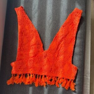 SHEIN Orange Crochet Fringe V-Neck Crop Top